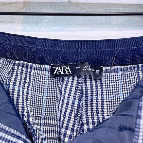 ZARA Plaid Slim Leg Trousers Blue White Ankle Crop Stretch Work Womens Large - Picture 7 of 9